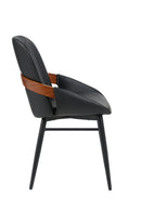 Indoor Black Vinyl Metal Armchair with Diamond-Stitched Back and Walnut Veneer Accent