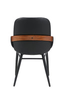 Indoor Black Vinyl Metal Armchair with Diamond-Stitched Back and Walnut Veneer Accent