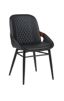 Indoor Black Vinyl Metal Armchair with Diamond-Stitched Back and Walnut Veneer Accent