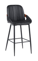 Indoor Black Vinyl Metal Armed Barstool With Vertical Channel-Stitched Back And Walnut Veneer Accent