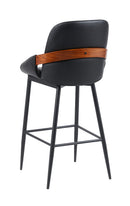 Indoor Black Vinyl Metal Armed Barstool With Vertical Channel-Stitched Back And Walnut Veneer Accent