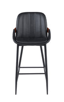 Indoor Black Vinyl Metal Armed Barstool With Vertical Channel-Stitched Back And Walnut Veneer Accent