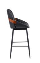 Indoor Black Vinyl Metal Armed Barstool With Vertical Channel-Stitched Back And Walnut Veneer Accent