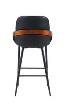 Indoor Black Vinyl Metal Armed Barstool With Vertical Channel-Stitched Back And Walnut Veneer Accent