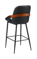 Indoor Black Vinyl Metal Armed Barstool with Diamond-Stitched Back and Walnut Veneer Accent