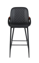 Indoor Black Vinyl Metal Armed Barstool with Diamond-Stitched Back and Walnut Veneer Accent