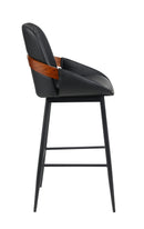 Indoor Black Vinyl Metal Armed Barstool with Diamond-Stitched Back and Walnut Veneer Accent