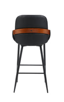 Indoor Black Vinyl Metal Armed Barstool with Diamond-Stitched Back and Walnut Veneer Accent