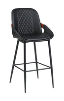 Indoor Black Vinyl Metal Armed Barstool with Diamond-Stitched Back and Walnut Veneer Accent