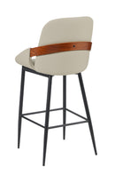 Indoor Cream Vinyl Metal Armed Barstool with Diamond-Stitched Back and Walnut Veneer Accent