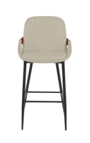 Indoor Cream Vinyl Metal Armed Barstool with Diamond-Stitched Back and Walnut Veneer Accent