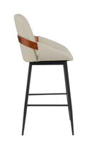 Indoor Cream Vinyl Metal Armed Barstool with Diamond-Stitched Back and Walnut Veneer Accent