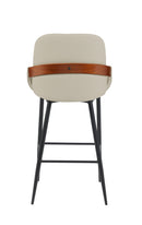 Indoor Cream Vinyl Metal Armed Barstool with Diamond-Stitched Back and Walnut Veneer Accent
