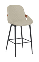 Indoor Cream Vinyl Metal Armed Barstool with Diamond-Stitched Back and Walnut Veneer Accent