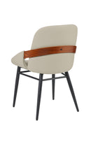 Indoor Cream Vinyl Metal Armchair with Diamond-Stitched Back and Walnut Veneer Accent