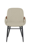 Indoor Cream Vinyl Metal Armchair with Diamond-Stitched Back and Walnut Veneer Accent