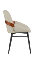 Indoor Cream Vinyl Metal Armchair with Diamond-Stitched Back and Walnut Veneer Accent