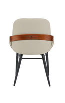 Indoor Cream Vinyl Metal Armchair with Diamond-Stitched Back and Walnut Veneer Accent