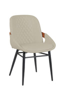 Indoor Cream Vinyl Metal Armchair with Diamond-Stitched Back and Walnut Veneer Accent