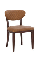 Indoor Dark Walnut Metal Chair with Camel Brown Vinyl Seat and Diamond-Stitched Back