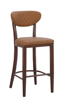 Indoor Dark Walnut Metal Barstool with Camel Brown Vinyl Seat and Diamond-Stitched Back