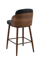 Indoor Black Vinyl Barstool with Vertical Stitched Back and Walnut Veneer Woodgrain Metal Frame
