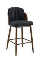Indoor Black Vinyl Barstool with Vertical Stitched Back and Walnut Veneer Woodgrain Metal Frame