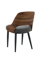 Indoor Gray Padded Fabric Chair with Walnut Veneer Back and Black Metal Frame