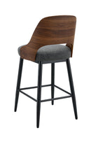 Indoor Gray Padded Fabric Barstool with Walnut Veneer Back and Black Metal Frame