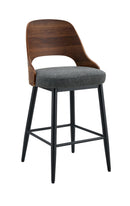 Indoor Gray Padded Fabric Barstool with Walnut Veneer Back and Black Metal Frame