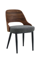 Indoor Gray Padded Fabric Chair with Walnut Veneer Back and Black Metal Frame