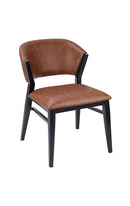 Brown Padded Vinyl Indoor Chair with Curved Back and Black Metal Frame