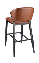 Brown Padded Vinyl Indoor Barstool with Curved Back and Black Metal Frame