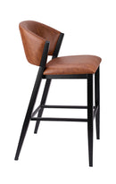 Brown Padded Vinyl Indoor Barstool with Curved Back and Black Metal Frame