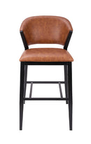 Brown Padded Vinyl Indoor Barstool with Curved Back and Black Metal Frame