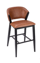 Brown Padded Vinyl Indoor Barstool with Curved Back and Black Metal Frame