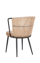 Indoor Black Metal Chair with Natural Rattan Back and Tan Vinyl Padded Seat