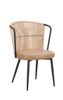 Indoor Black Metal Chair with Natural Rattan Back and Tan Vinyl Padded Seat