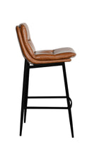 Camel Brown Padded Vinyl Barstool with Horizontal Channel Back and Black Metal Legs