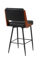 Indoor Black Metal Barstool with Black Vinyl Seat and Walnut Veneer Back Supports