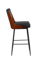 Indoor Black Metal Barstool with Black Vinyl Seat and Walnut Veneer Back Supports
