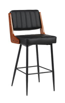 Indoor Black Metal Barstool with Black Vinyl Seat and Walnut Veneer Back Supports
