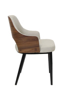 Modern Indoor Armchair with White Padded Vinyl, Walnut Back Panel, and Black Metal Legs