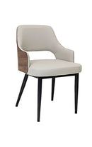 Modern Indoor Armchair with White Padded Vinyl, Walnut Back Panel, and Black Metal Legs