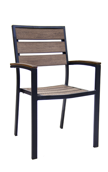 Black Aluminum Armchair with Imitation Teak Slats Seat and Back