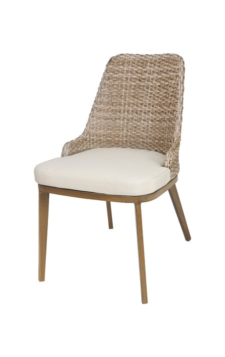 Outdoor Aluminum Chair In Wood Grain Finish with Wicker Woven Back & Ivory Cushioned Seat