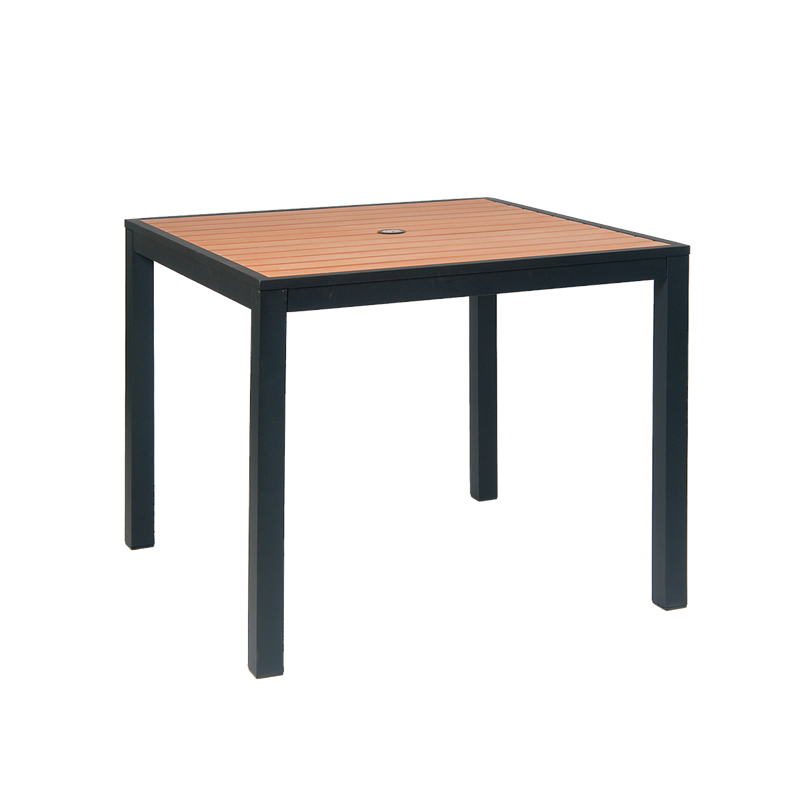 36"x36" Indoor/ Outdoor Aluminum Patio Table in Black Finish with 1.5" Umbrella Hole, Imitation Teak Slats Top