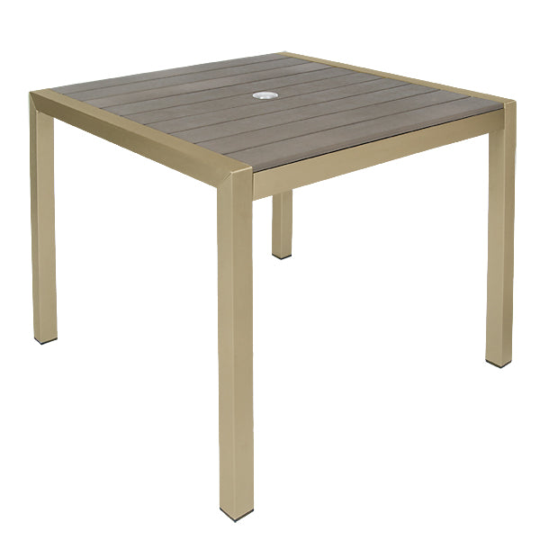 36" x 36" Indoor/ Outdoor Aluminum Table with 2 Umbrella Hole, Imitation Teak Slats Top in Grey Finish