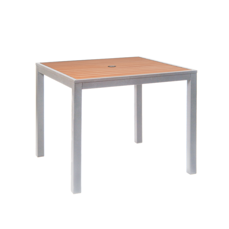 36 x 36 Indoor/ Outdoor Aluminum Table in Silver Finish, Imitation Teak Slats