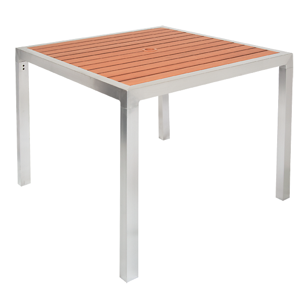 36 x 36 Indoor/ Outdoor Aluminum Patio Table, with Umbrella Hole, Imitation Teak Slats